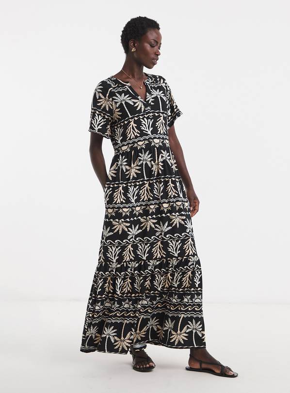 JD WILLIAMS Soft Touch Notch Neck Maxi Dress Black Abstract Print 10